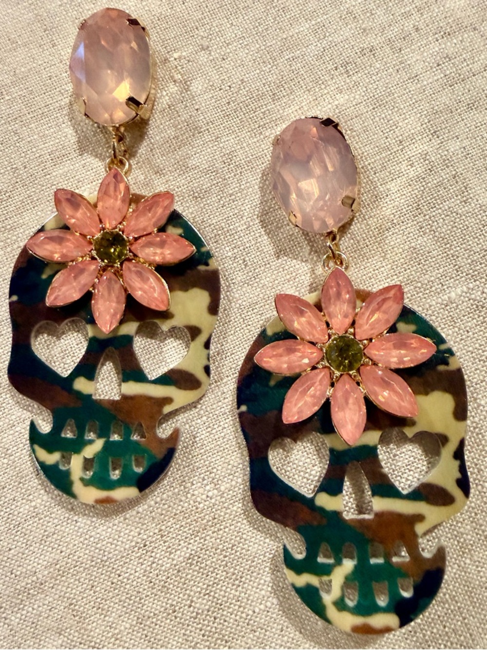 Camo/Pink Floral Skull Drop Earrings - Women Jewelry *New Never Worn
